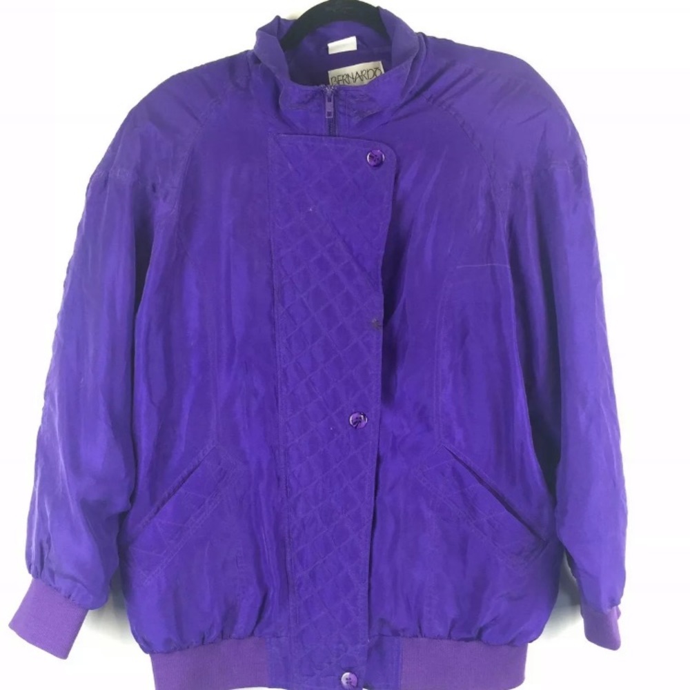 Bernardo Vintage Purple 100% Silk Quilted Bomber Jacket Womens Small Retro 80s